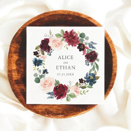 ブルゴーニュとネイビーブルーのフローラ結婚ズ スタンダードカクテルナプキン