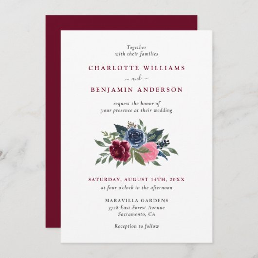 ブルゴーニュとネイビーブルーのフローラ結婚式招待状 招待状 (正面/裏面)
