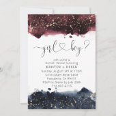 ブルゴーニュとネイビーブルーの水彩色ジェンダーの明け 招待状 (正面)