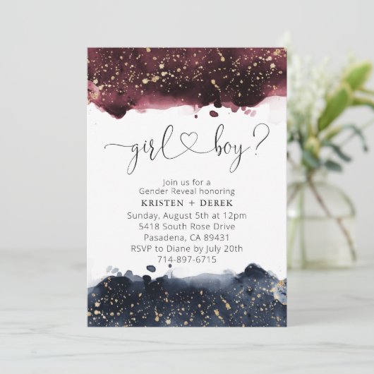 ブルゴーニュとネイビーブルーの水彩色ジェンダーの明け 招待状 (スタンド正面)