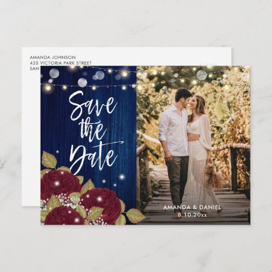 ブルゴーニュとネイビーブルーの結婚式の日付写真を保存 案内ポストカード (正面/裏面)