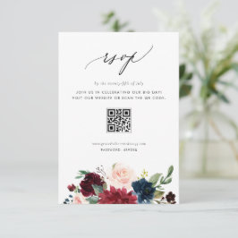 ブルゴーニュとネイビーブルーの花のQRコード ウェディング 出欠カード