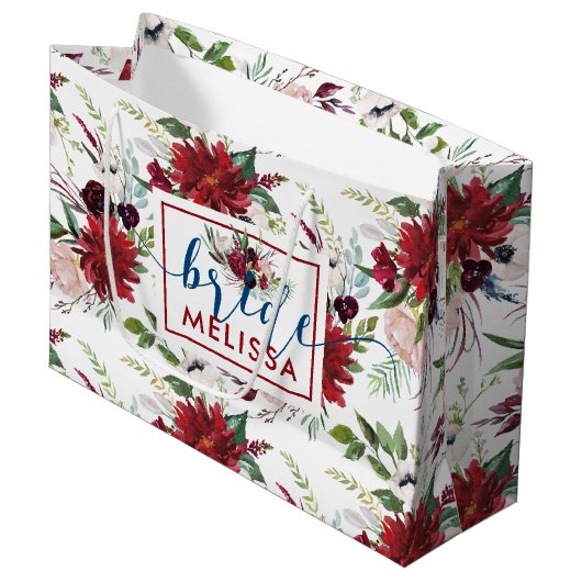 ブルゴーニュとネイビーブルーの花パターン ラージペーパーバッグ (正面アングル)