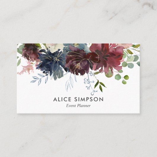 ブルゴーニュとネイビーブルーの花 名刺 (正面)