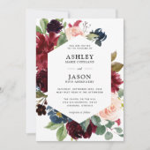 ブルゴーニュとネイビーブルーウォーターの色のフローラ結婚ズ 招待状 (正面)