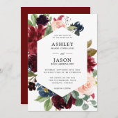 ブルゴーニュとネイビーブルーウォーターの色のフローラ結婚ズ 招待状 (正面/裏面)