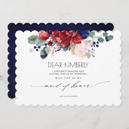ブルゴーニュとネイビーブルーフローラベミーメイド・オブ・オーナー(花嫁付き添い人) 招待状 (正面/裏面)