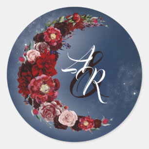ブルゴーニュとネイビーブルーフローラムーン結婚ズ ラウンドシール