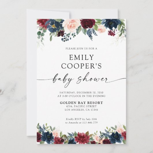 ブルゴーニュとネイビーベイビーシャワー招待状 招待状 (正面)