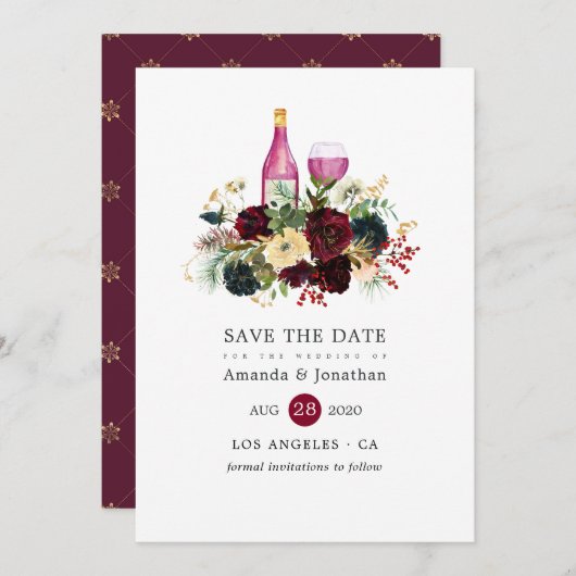 ブルゴーニュとネイビーワインクリスマス結婚フローラ セーブザデート (正面/裏面)