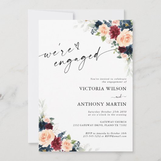 ブルゴーニュとネイビー我々は婚約した招待状 招待状 (正面)