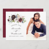 ブルゴーニュとネイビー結婚フローラの感謝 サンキューカード (正面/裏面)