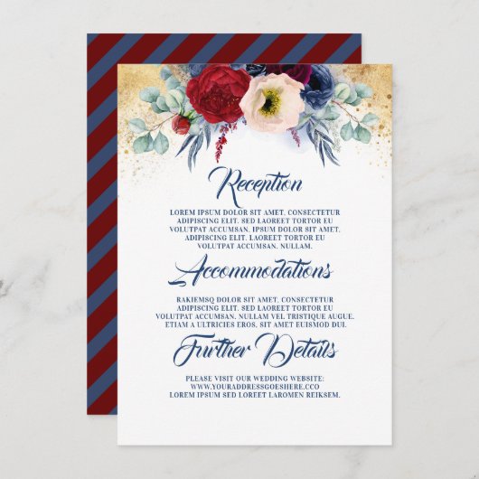 ブルゴーニュとネイビー結婚ブルーのインフォメーションゲスト エンクロージャーカード (正面/裏面)