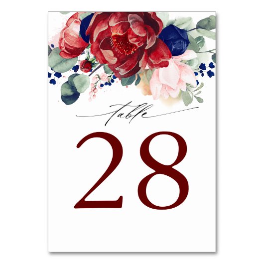 ブルゴーニュとネイビー結婚ブルーのテーブル番号カード テーブルナンバー (正面)