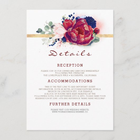 ブルゴーニュとネイビー結婚ブルーの情報 エンクロージャーカード (正面)