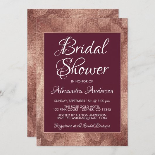ブルゴーニュとバラゴールドフォイルブライダルシャワー 招待状 (正面/裏面)