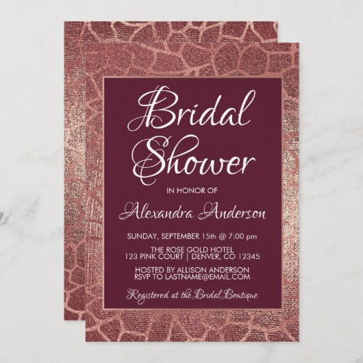 ブルゴーニュとバラゴールドフォイルワイルドブライダルシャワー 招待状 (正面/裏面)