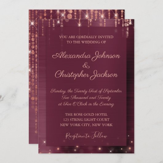 ブルゴーニュとバラ金ゴールドスパークル結婚ズ 招待状 (正面/裏面)