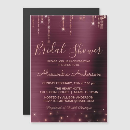 ブルゴーニュとバラ金ゴールドブライダルシャワー マグネット招待状 (正面/裏面)