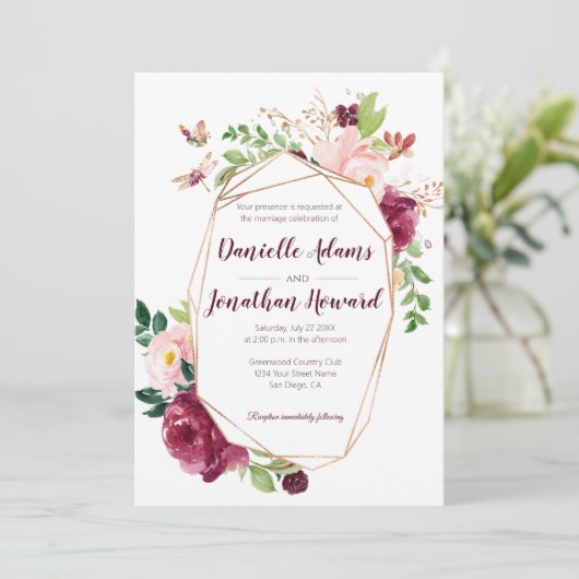 ブルゴーニュとピンクのジオメトリックウォーター結婚カラー | 招待状 (スタンド正面)