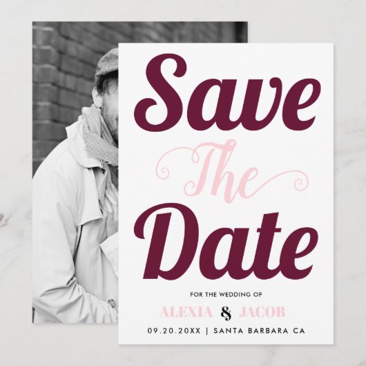 ブルゴーニュとピンクのタイポグラフィと背面の写真 セーブザデート (正面/裏面)