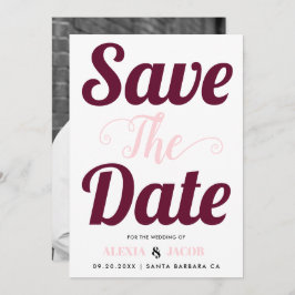 ブルゴーニュとピンクのタイポグラフィと背面の写真 セーブザデート