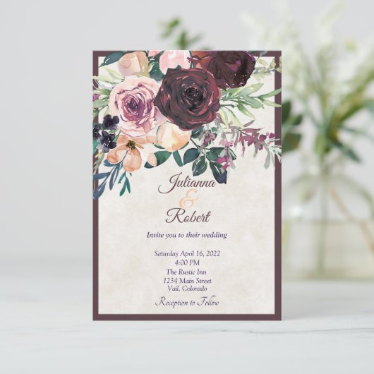 ブルゴーニュとピンクのフローラ予算結婚の投資額 招待状 (スタンド正面)
