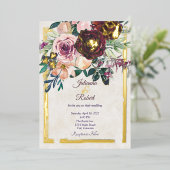 ブルゴーニュとピンクのフローラ予算結婚の 箔招待状 (立ち正面)
