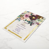 ブルゴーニュとピンクのフローラ予算結婚の 箔招待状 (回転した状態)