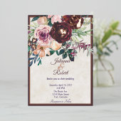 ブルゴーニュとピンクのフローラ予算結婚の 箔招待状 (立ち正面)