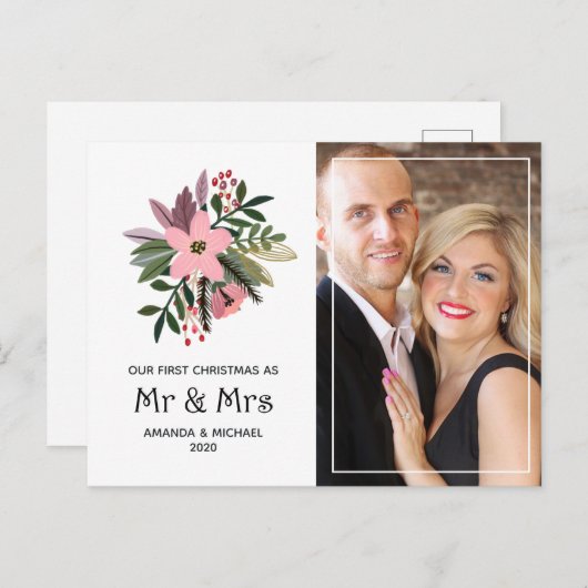 ブルゴーニュとピンクのフローラ私たちの初めてのクリスマス写真 シーズンポストカード (正面/裏面)