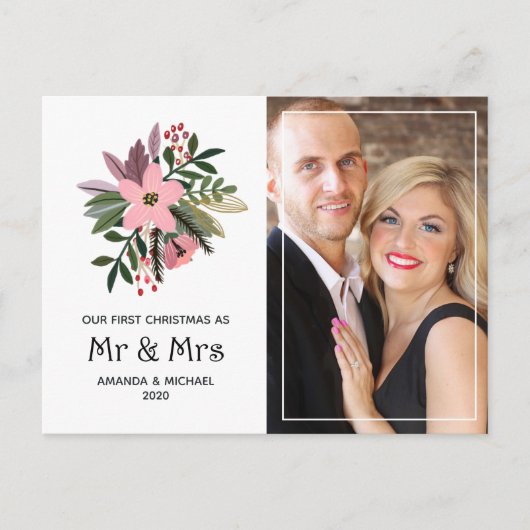 ブルゴーニュとピンクのフローラ私たちの初めてのクリスマス写真 シーズンポストカード (正面)