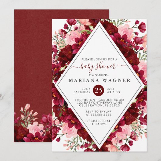 ブルゴーニュとピンクの水彩花柄ベビーシャワー 招待状 (正面/裏面)