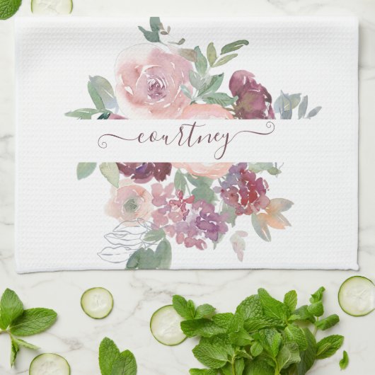 ブルゴーニュとピンクの水色のフローラ パーソナライズされた キッチンタオル (折り畳み)