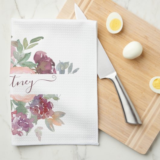 ブルゴーニュとピンクの水色のフローラ パーソナライズされた キッチンタオル (四つ折り)