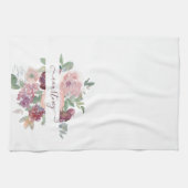 ブルゴーニュとピンクの水色のフローラ パーソナライズされた キッチンタオル (横)