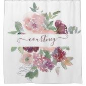 ブルゴーニュとピンクの水色のフローラ パーソナライズされた シャワーカーテン (正面)