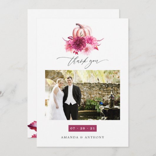 ブルゴーニュとピンクの秋の秋の結婚式写真 サンキューカード (正面/裏面)