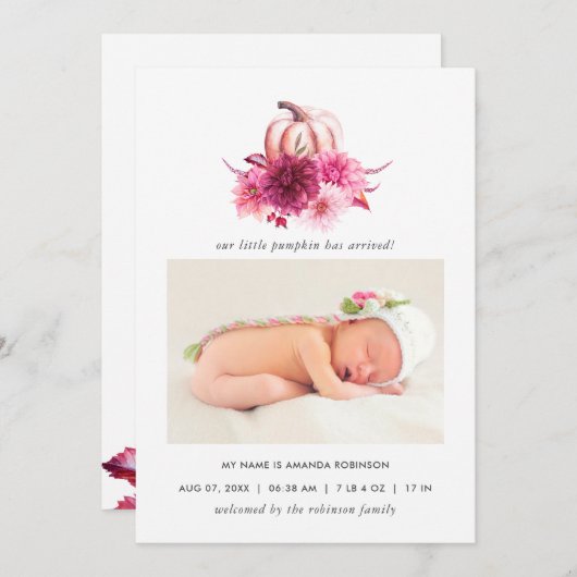 ブルゴーニュとピンクの秋の秋誕生のお知らせ 案内状 (正面/裏面)