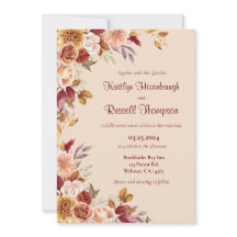 ブルゴーニュとピンクの秋フローラ結婚式招待状