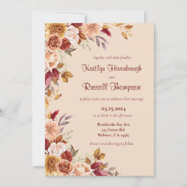 ブルゴーニュとピンクの秋フローラ結婚式招待状 招待状