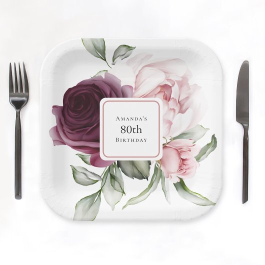 ブルゴーニュとピンクウォーターのカラーバラ80誕生日 ペーパープレート