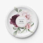 ブルゴーニュとピンクウォーターのカラーバラ80誕生日 ペーパープレート (正面)