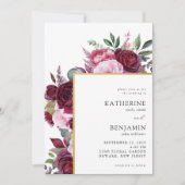 ブルゴーニュとピンクエレガントフローラ結婚ズ 招待状 (正面)