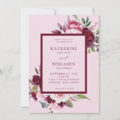 ブルゴーニュとピンクエレガントフローラ結婚ズ 招待状 (正面)