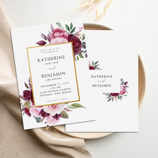 ブルゴーニュとピンクエレガントフローラ結婚ズ 招待状