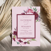 ブルゴーニュとピンクエレガントフローラ結婚ズ 招待状