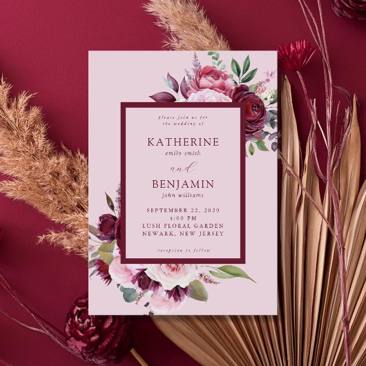 ブルゴーニュとピンクエレガントフローラ結婚ズ 招待状
