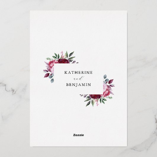 ブルゴーニュとピンクエレガントフローラ結婚ズ 箔招待状 (裏面)