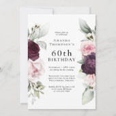 ブルゴーニュとピンクエレガントフローラ60誕生日 招待状 (正面)